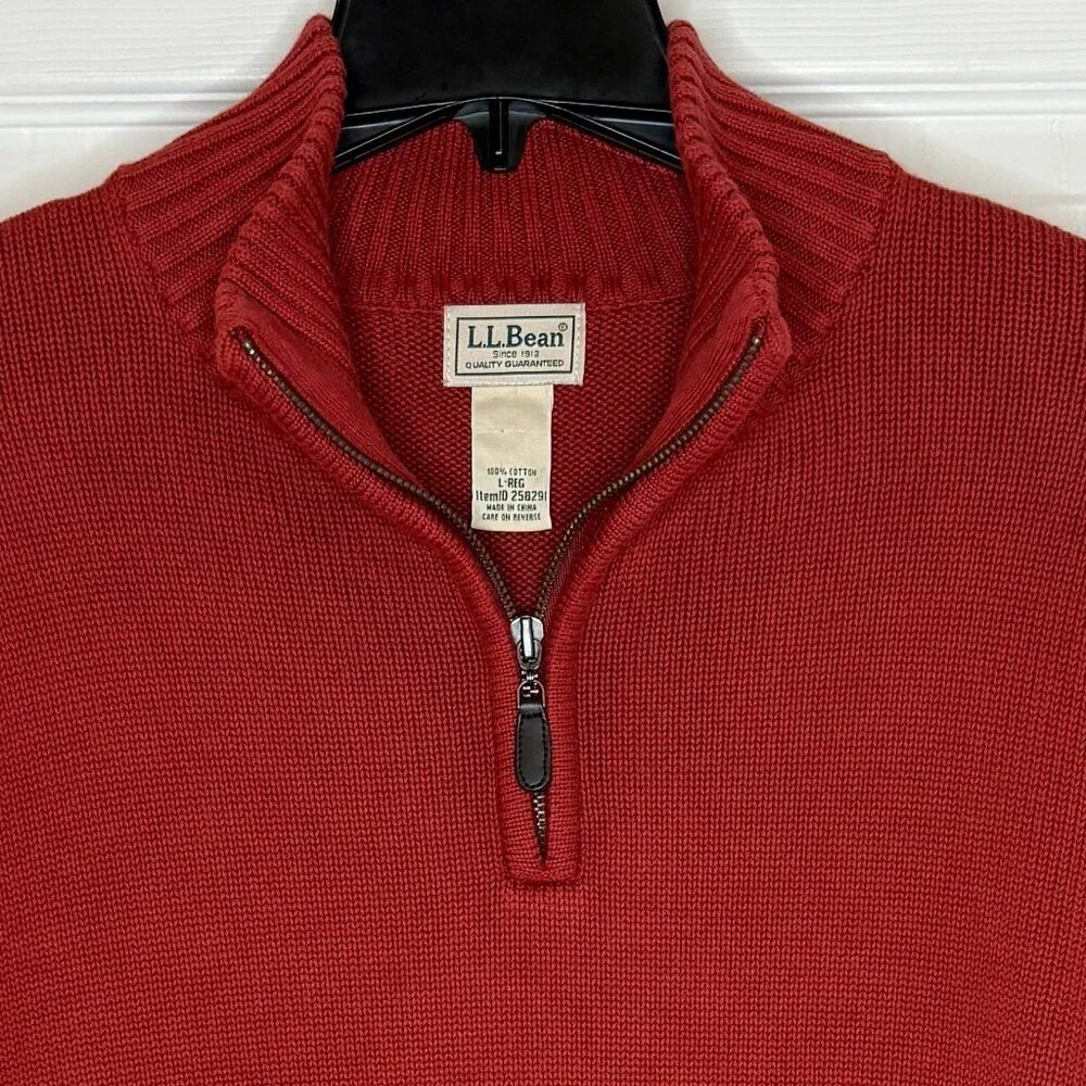 Vintage L.L. Bean Rust Cotton 1/4 Zip Pullover Sweater Size Large